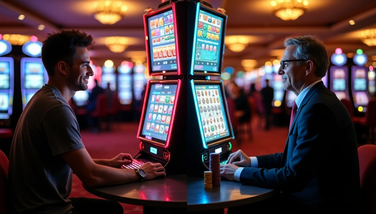 Two people playing virtual digital slot machines with low and high volatility