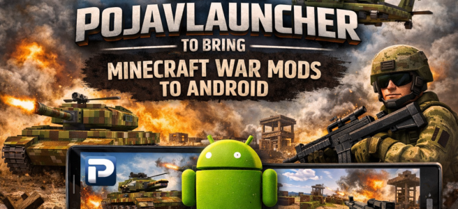 PojavLauncher running Minecraft war mods on Android with tanks, helicopters, and soldiers in a battlefield scene